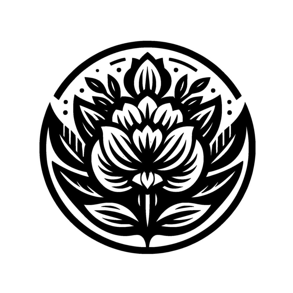 Intricate Black and White Floral Mandala in Circular Frame, Emphasizing Symmetry, Detailed Petals and Foliage. vector