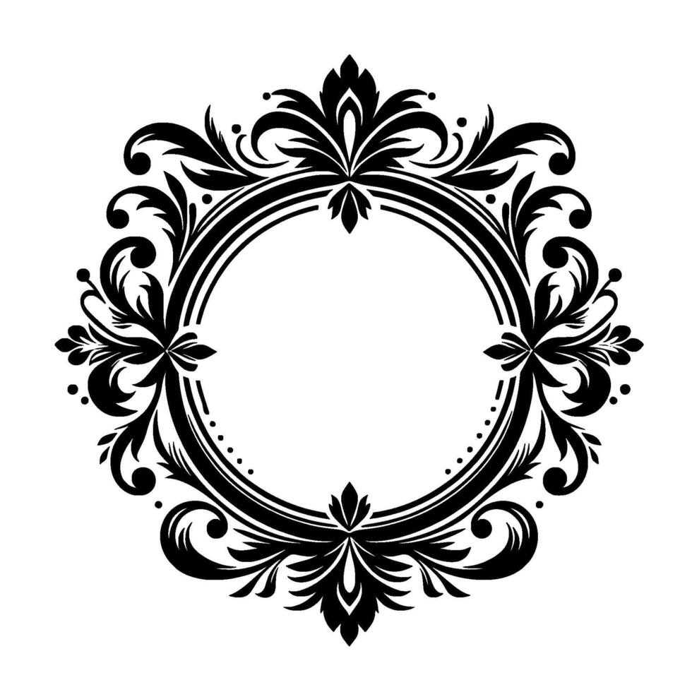 Elegant Black and White Circular Frame with Floral and Curvilinear Ornaments for Decorative and Purposes. vector