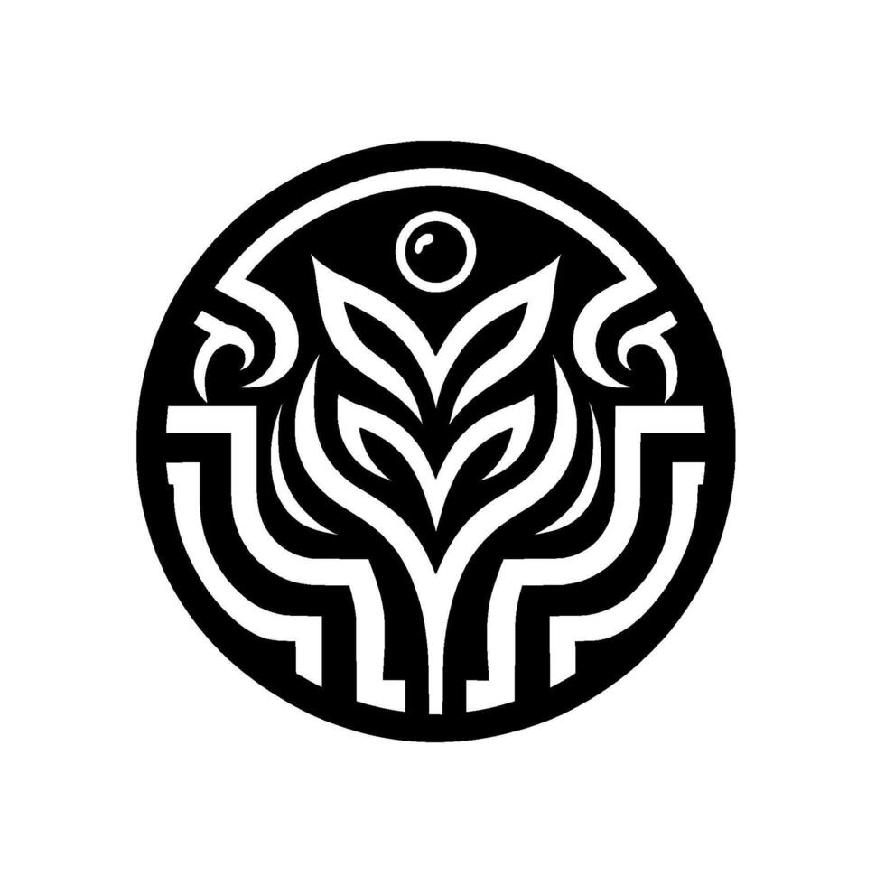 An elegant, symmetrical black and white featuring stylized leaves and a central orb within a circular frame, evoking nature and balance. vector