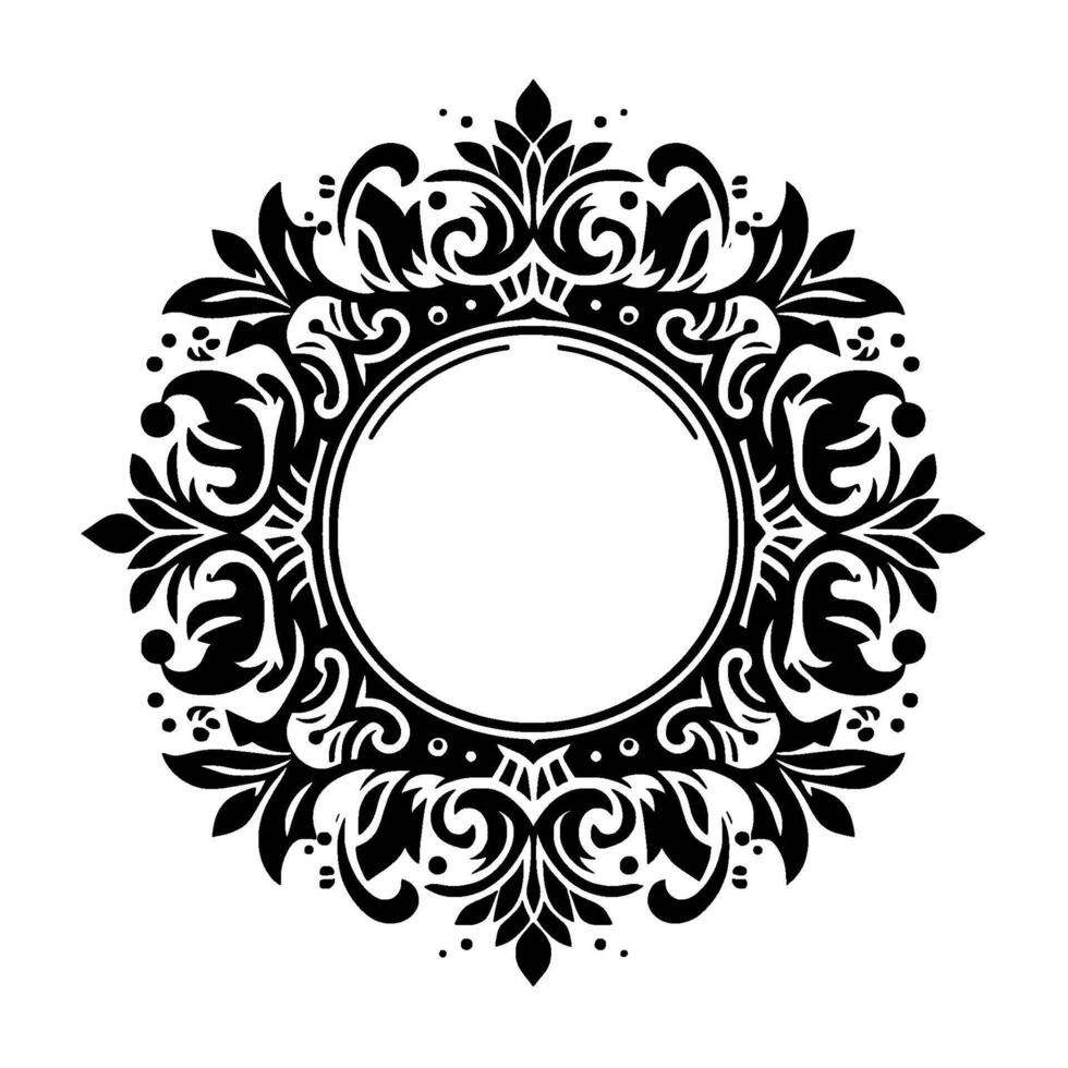 Intricate symmetrical black floral frame with a central white circle, classic and elegant, on a white background. vector
