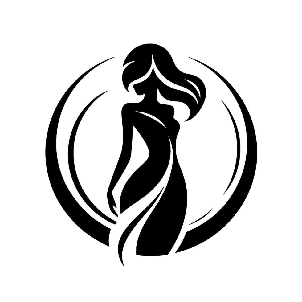 Silhouette of a graceful woman within a crescentframed circle, showcasing elegance and minimalism with flowing lines against a white backdrop. vector