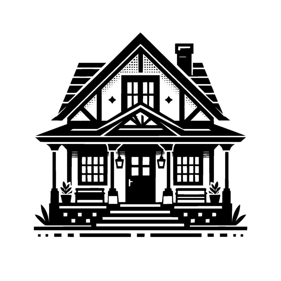 A symmetrical, monochrome illustration of a cozy, inviting cottage with a porch, detailed roof, chimney, and decorative elements. vector