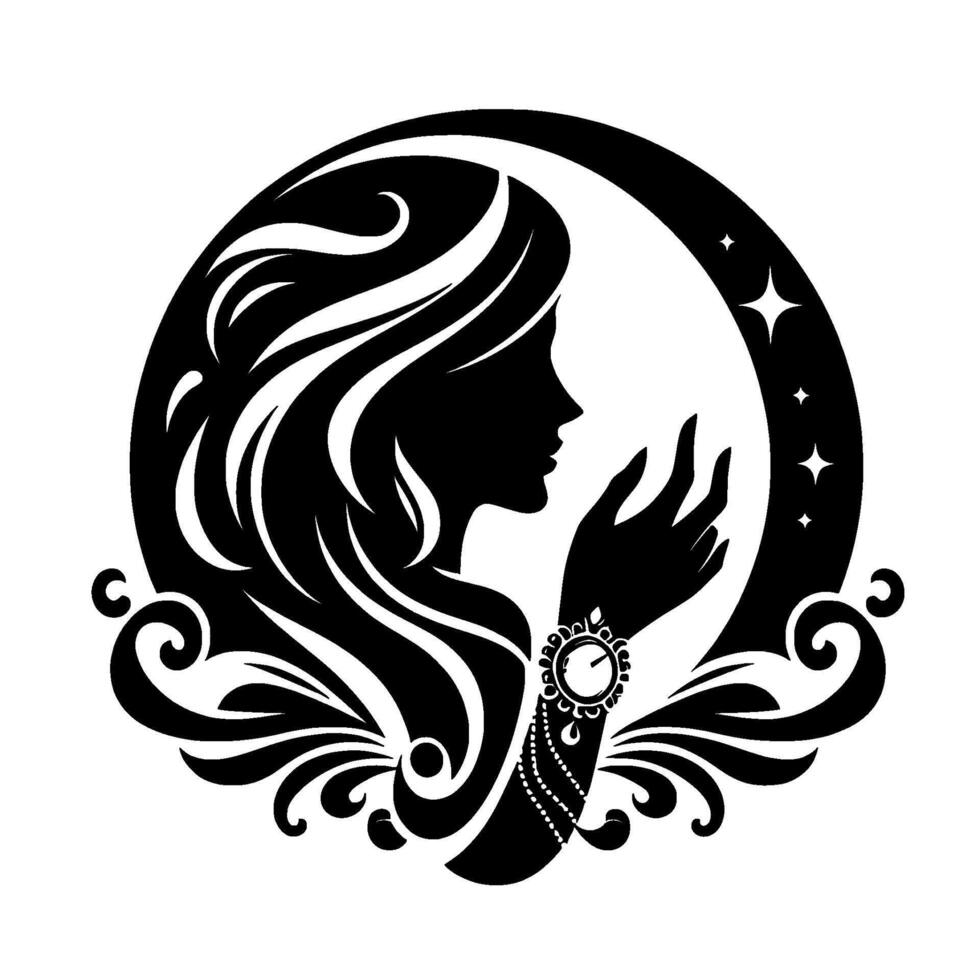 Elegant Silhouette of a Woman with Flowing Hair, Jeweled Bracelet, and Celestial Elements, Enclosed in a Decorative Frame. vector
