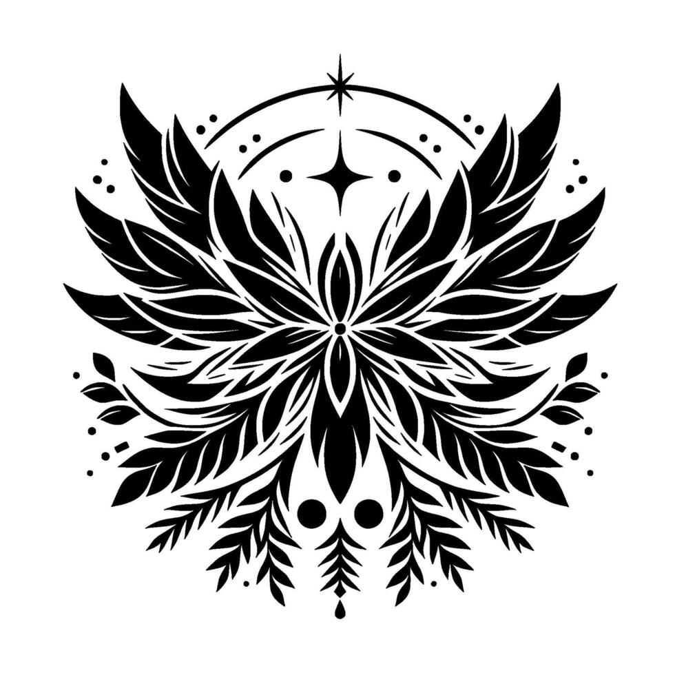 Ornate Black and White Floral Mandala, Starburst Center, Symmetrical Feather , Botanical Leaves, Dot Accent. vector