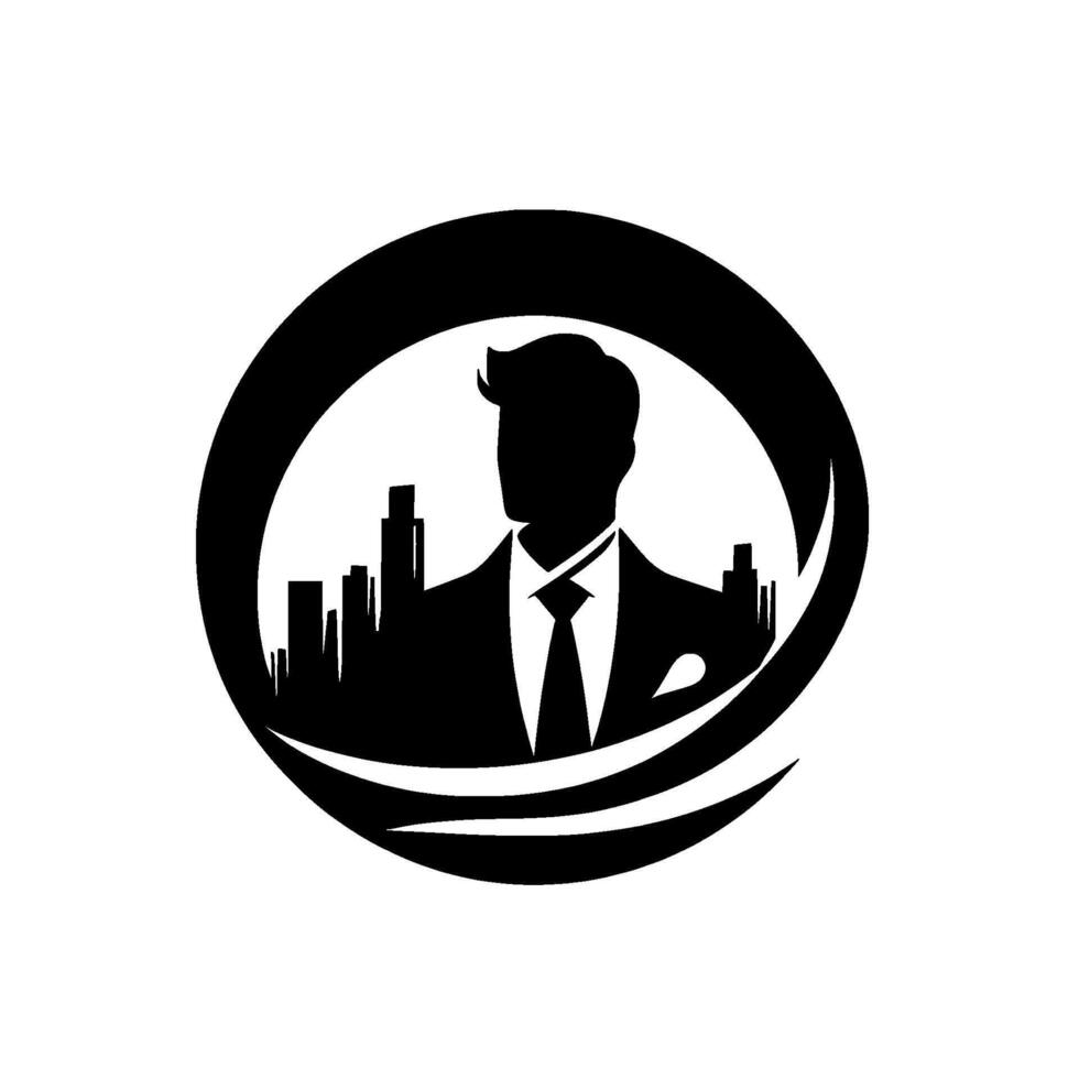 Sophisticated Businessman Silhouette in a Circle, Framed by Crescent, Cityscape and Modern . vector