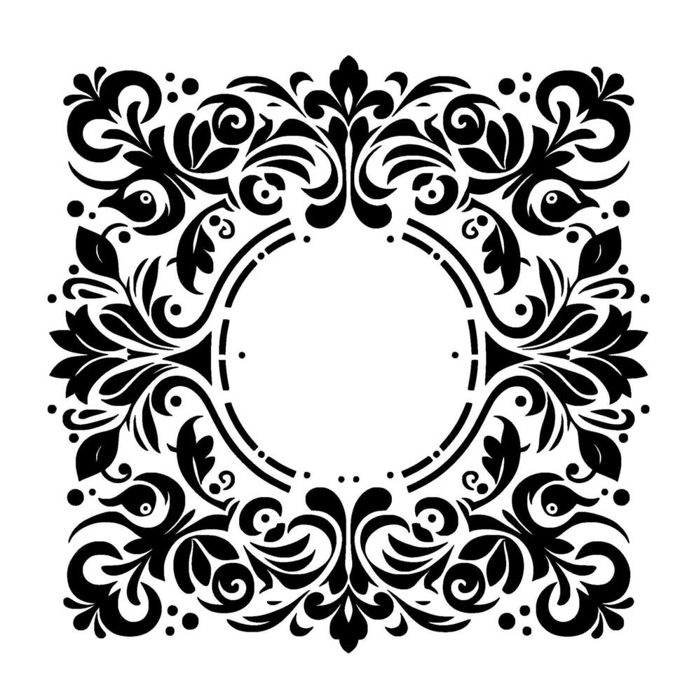 Intricate Black and White Floral Ornament with a Central Circular Frame, Ideal for Designs, Embellishments, and Decorative Applications. vector