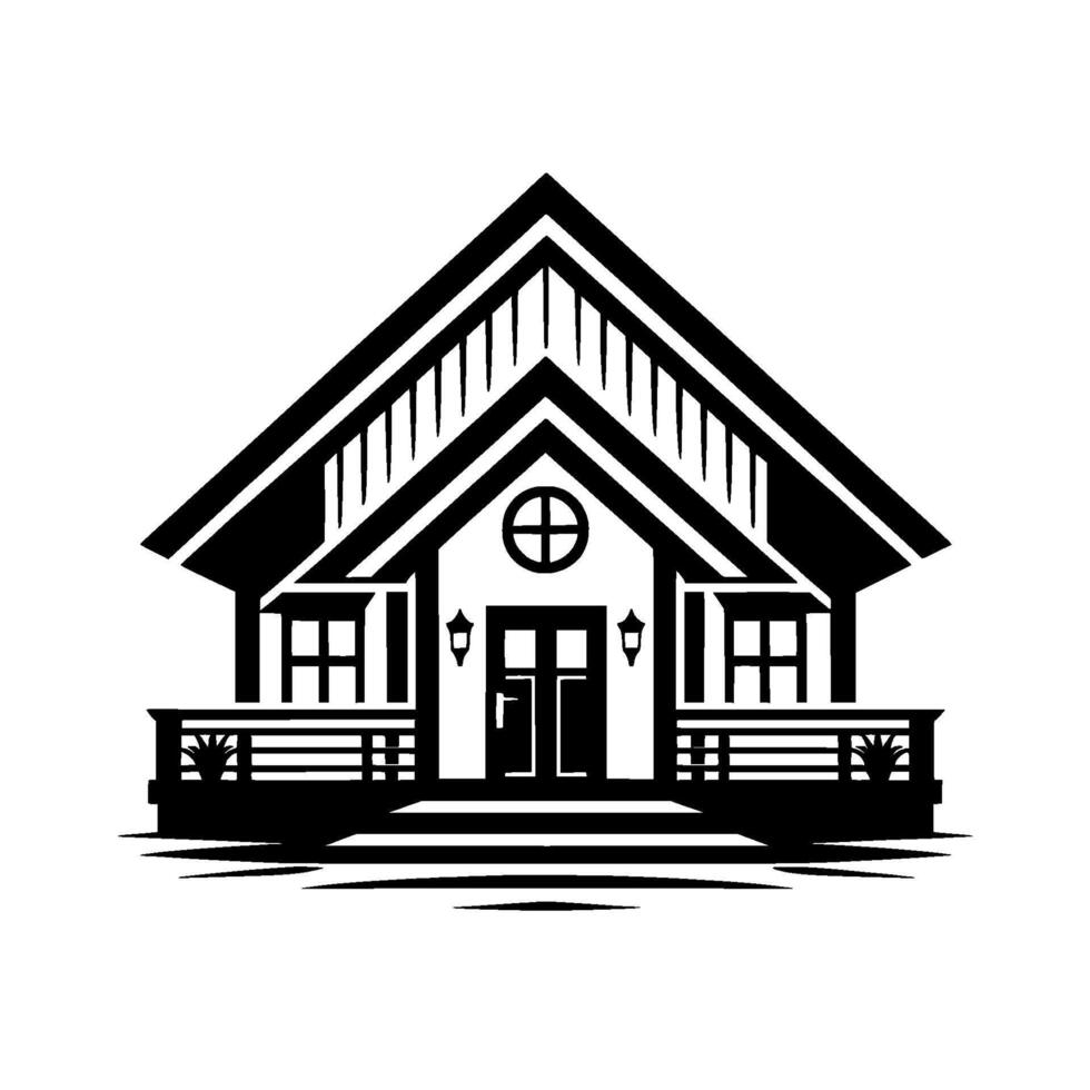 A symmetrical, black and white illustration of a house with a porch, porch, and gabled roof, showcasing a minimalistic and architectural . vector