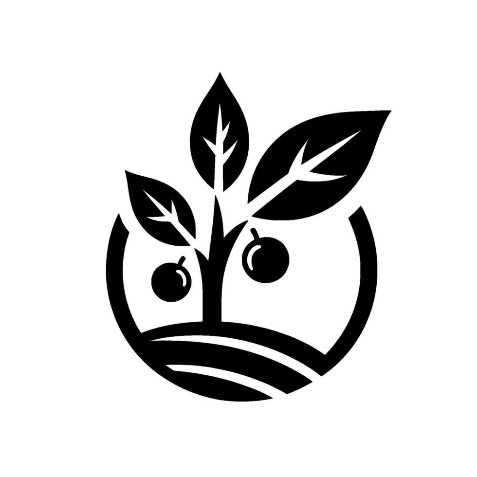 Minimalist black and white depicting a fruitbearing plant within a circular frame, above stylized farmland. vector