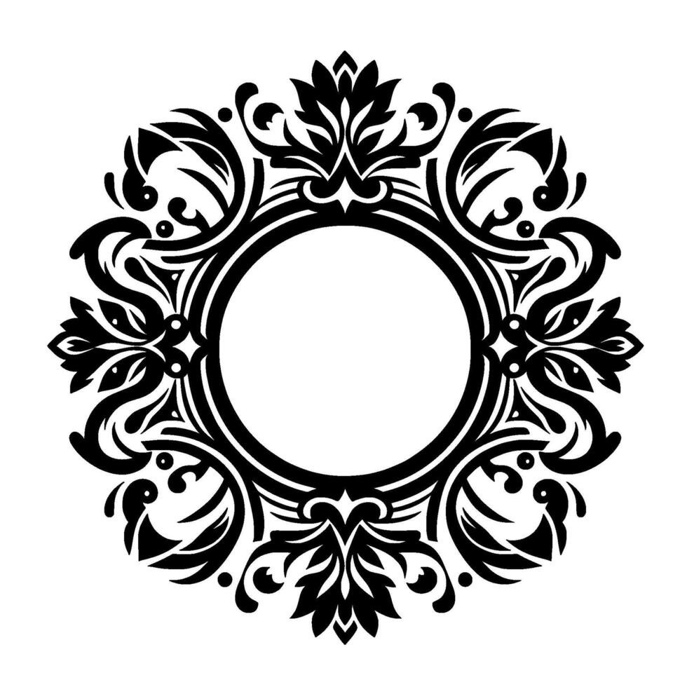 Intricate Black and White Circular Floral Detailed symmetrical illustration, decorative elements and a central open circle, exuding elegance. vector
