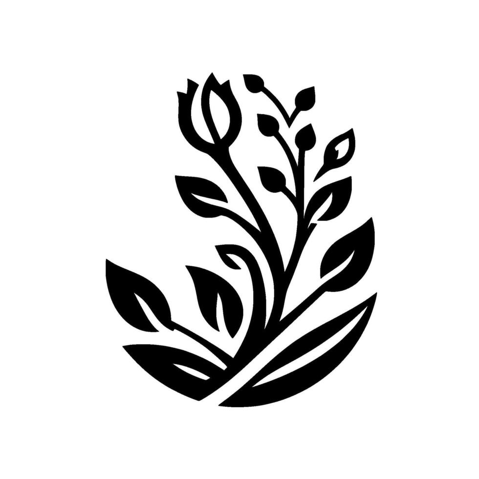 Elegant Black and White Floral Illustration Depicting a Stylized Rose and Foliage within a Curved, Decorative Composition. vector
