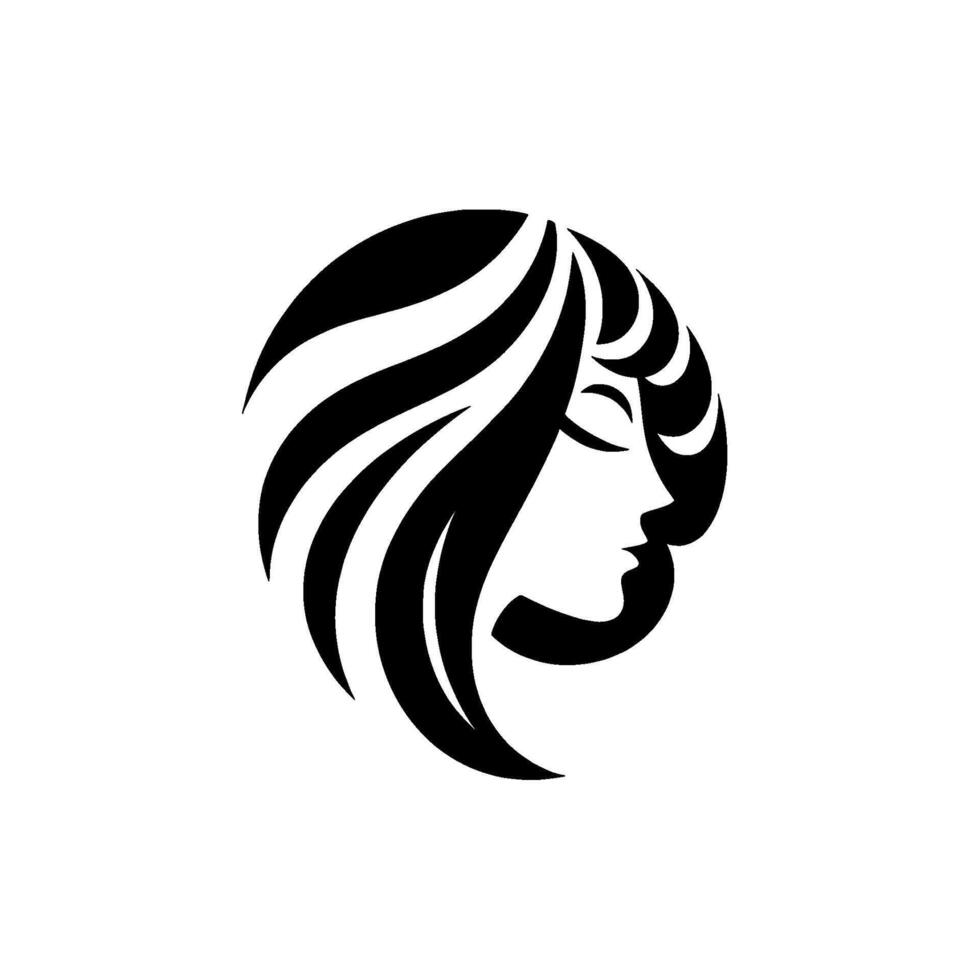 Elegant Silhouette A circular black and white depicting a womans profile with flowing hair, embodying beauty and serenity. vector