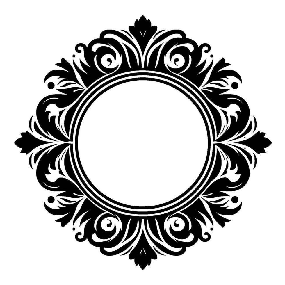 An Elegant Black and White Ornamental A Circular Frame with Intricate, Flowing Floral and Scroll Elements, Perfect for Logos or Decorative Embellishment. vector