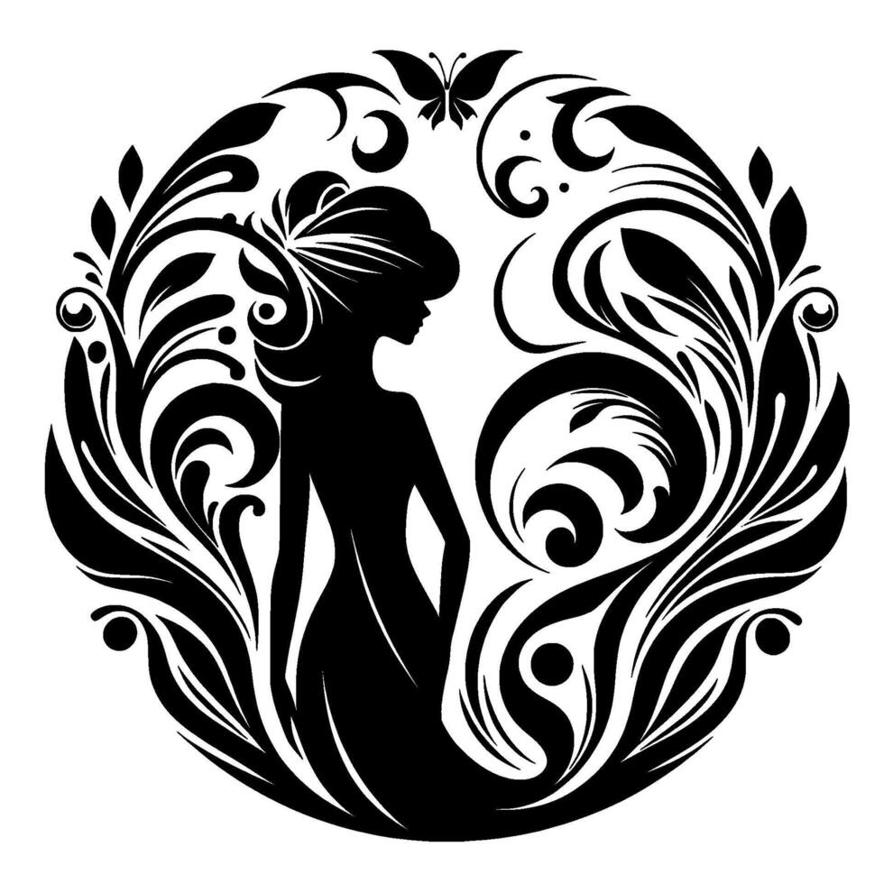 Elegant Silhouette of a Woman Surrounded by Floral Swirls and Butterfly Within a Circular Decorative Black and White . vector