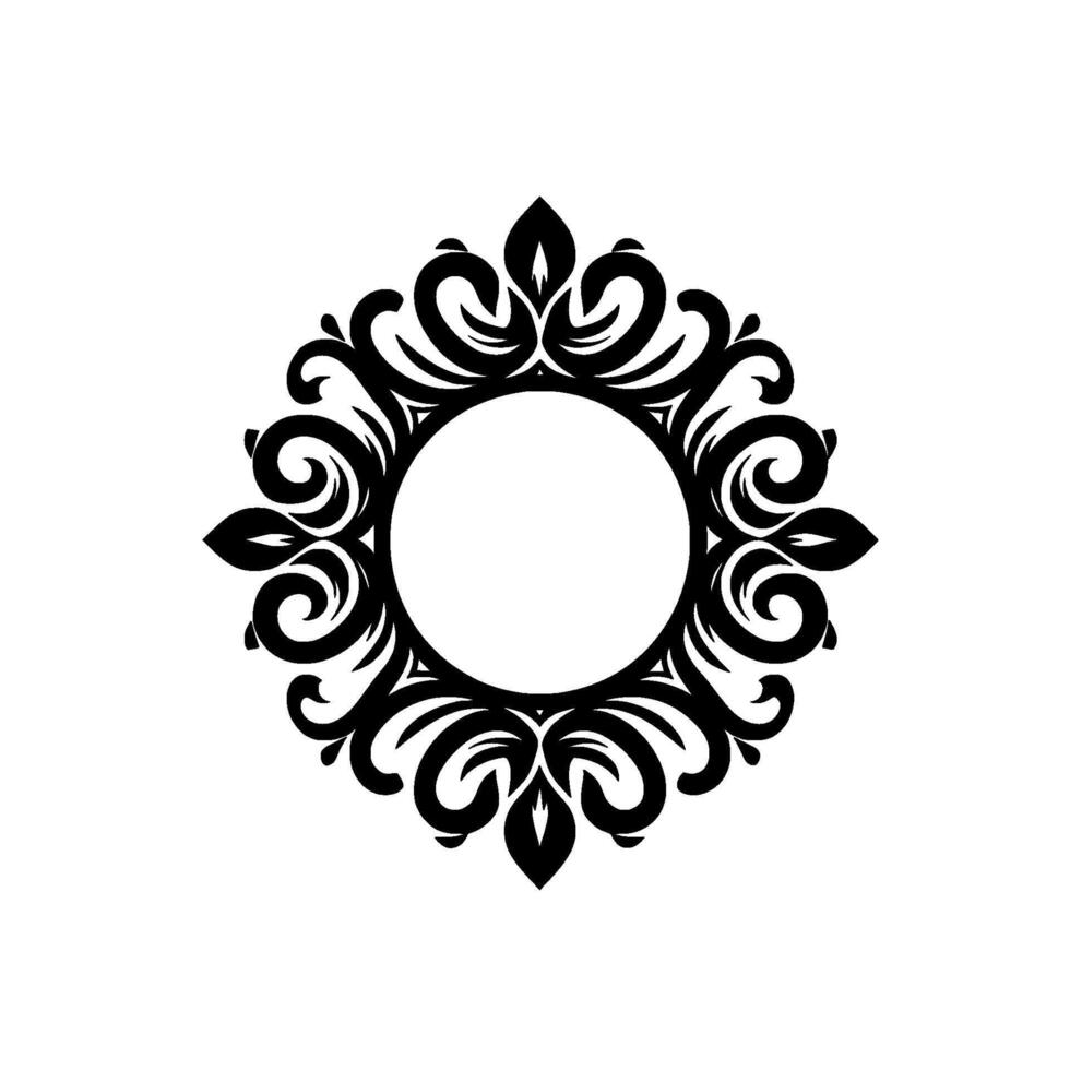 Elegant Black White Floral Emblem A symmetrical, ornate with a central circular void, showcasing detailed, curling floral motifs, against a pristine white background. vector