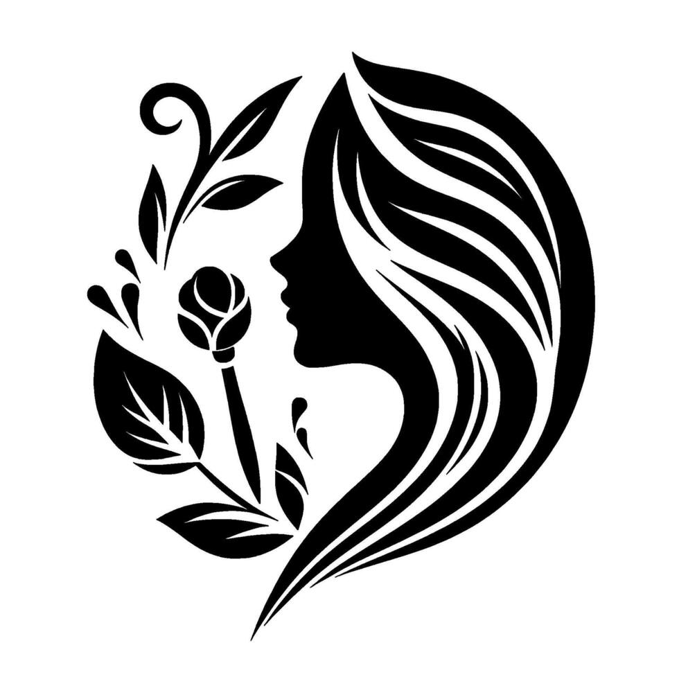 Elegant silhouette of a womans profile, framed by flowing hair and botanical elements including a rose and leaves, on a stark white backdrop. vector