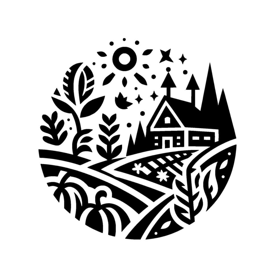Serene rural landscape, a farm scene illustration enclosed in a circle, showcasing a house, fields, sun, stars and foliage, in a clean black and white . vector