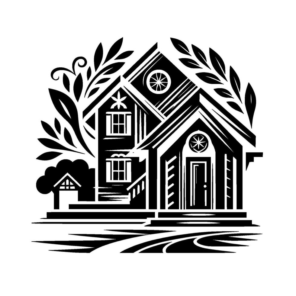A serene, minimalist black and white illustration of a charming twostory house, embellished with floral details, radiating tranquility. vector