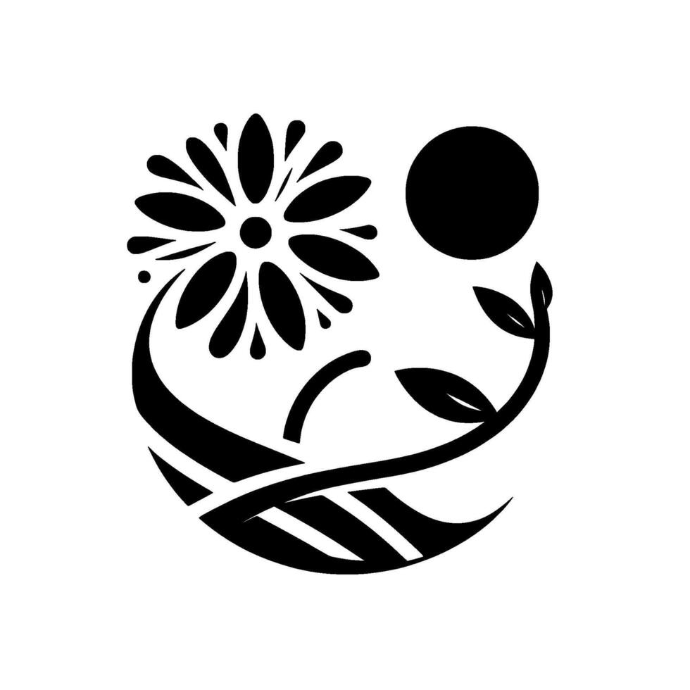 Minimalist Floral A blackandwhite composition featuring a stylized flower, curved stem, leaves, and a sunlike circle, conveying simplicity and harmony. vector
