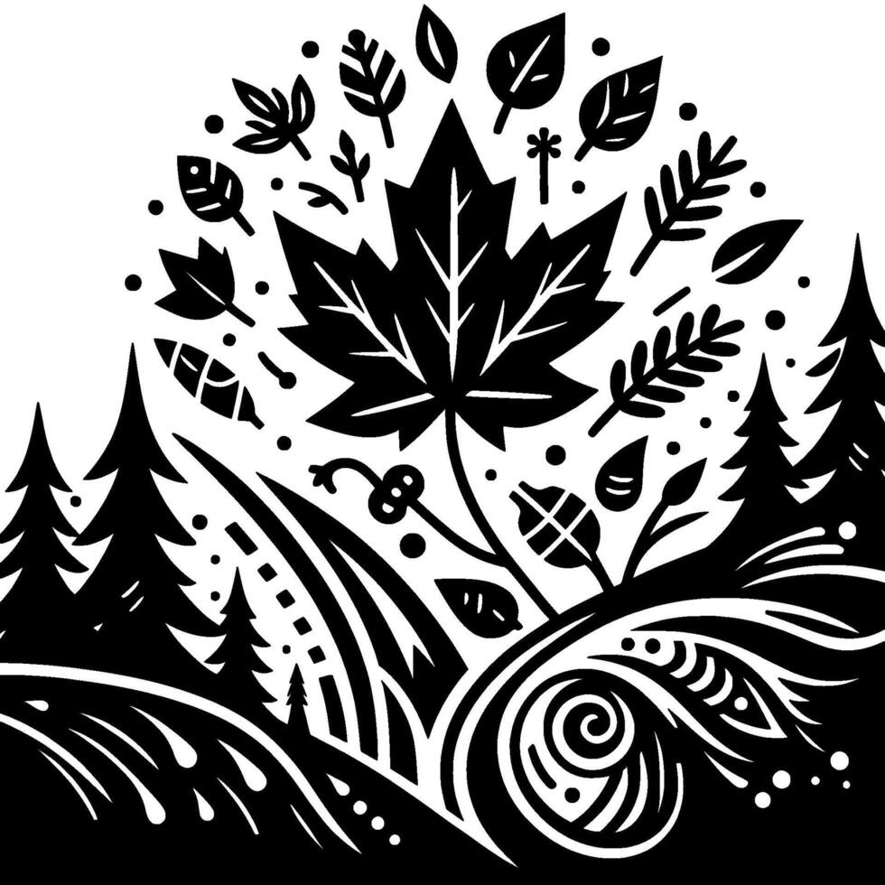 Bold Black White Nature Illustration A stylized landscape featuring a central maple leaf surrounded by various leaves, trees, and abstract organic elements. vector