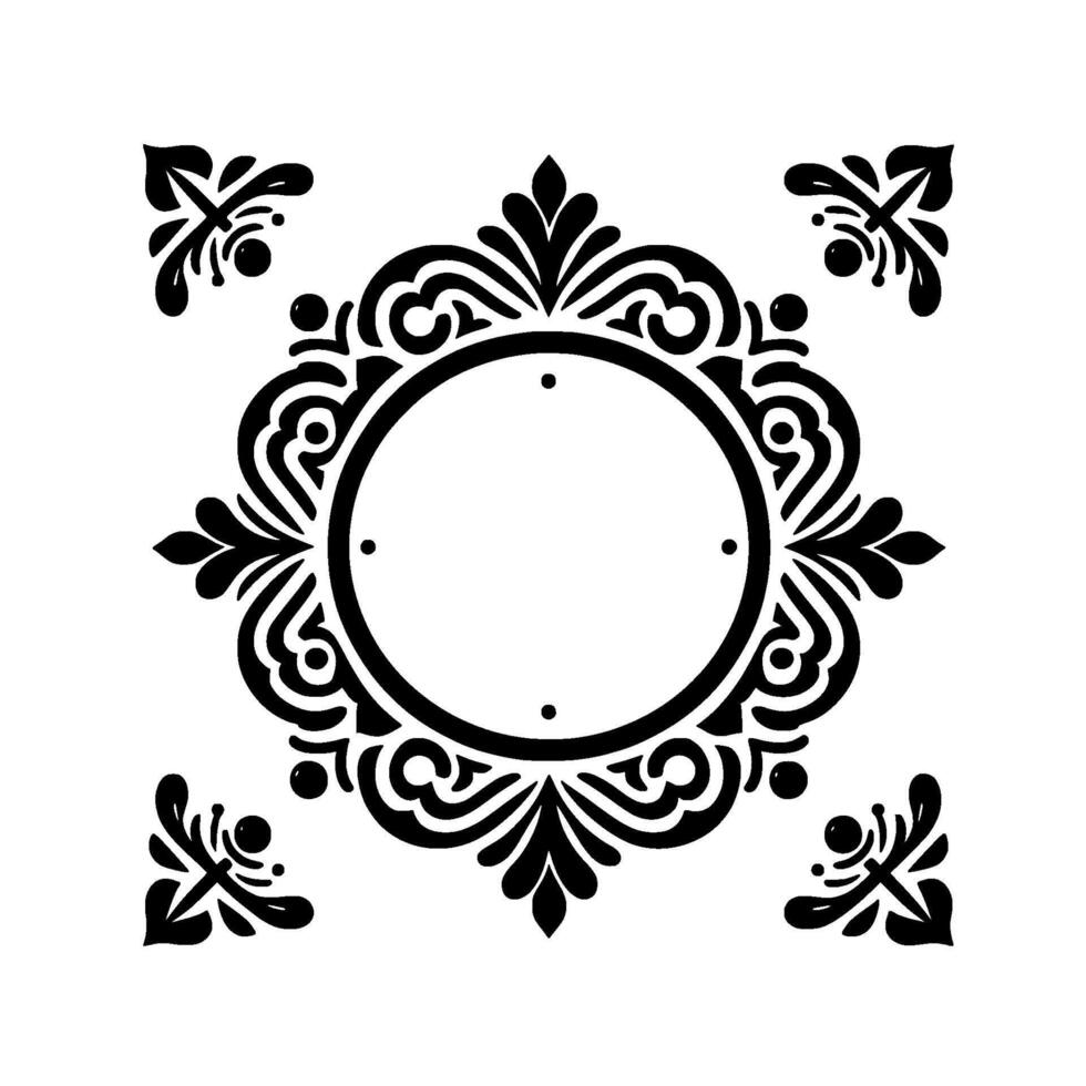 Intricate Black and White Circular Ornament with Floral and Swirl Elements, Corner Designs and a Central Blank Space. vector