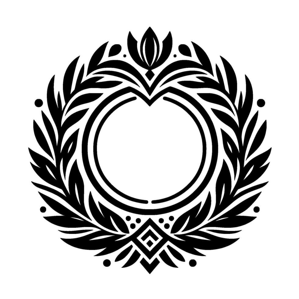 A symmetrical black and white floral emblem, featuring stylized leaves, a central circle, and geometric details, suitable for branding. vector