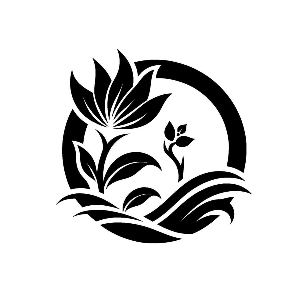 A stylized monochrome illustration of a blooming floral arrangement set within a circular frame, showcasing natures beauty, growth, and harmony, with delicate forms and bold contrasts. vector