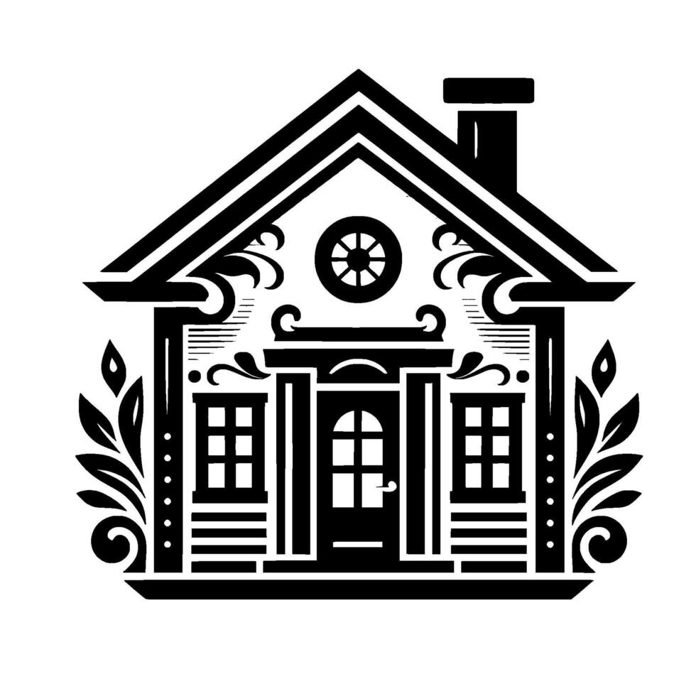 Intricate Black White Illustration of a Cozy House with Decorative Floral Elements and a Round Window, Isolated on White. vector