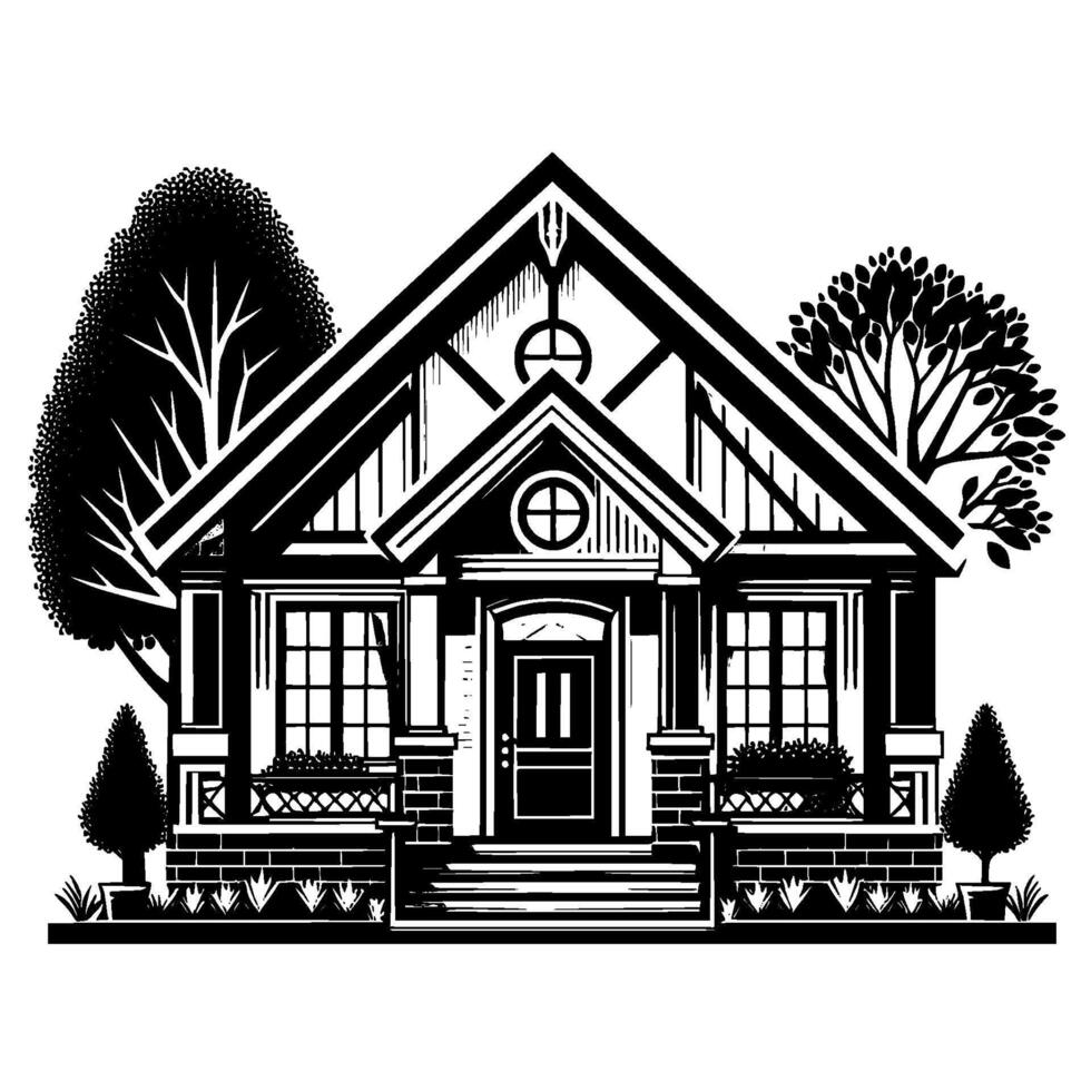 style blackandwhite illustration of a charming cottage with trees and garden details, featuring a symmetrical . vector