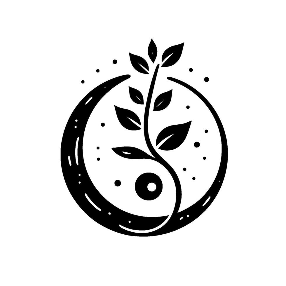 YinYang Symbol with a stylized plant sprout, dots around, in a black and white, minimalist emphasizing harmony. vector