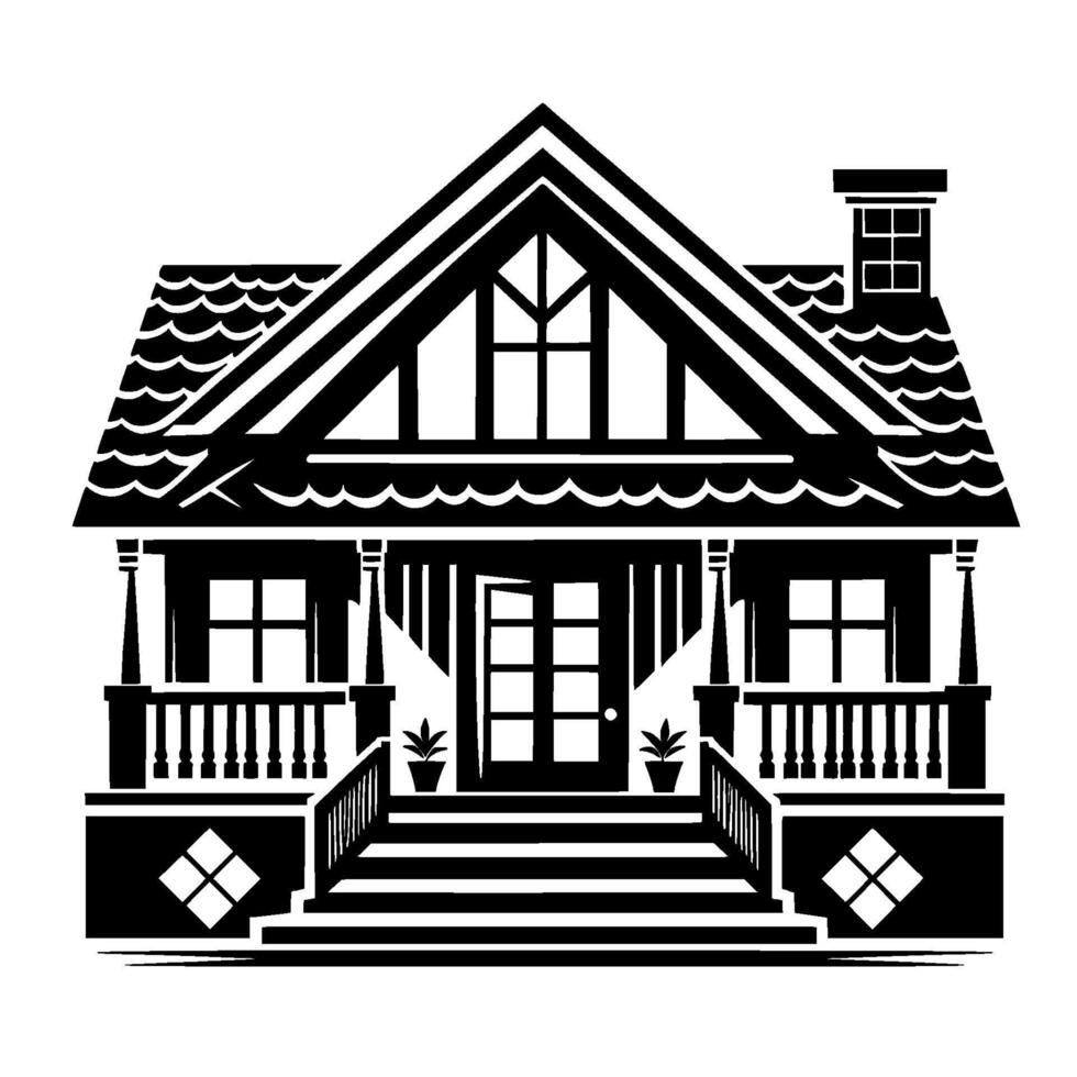 A stylized monochrome illustration of a charming cottage, featuring a porch, front steps, and detailed roofing, suggestive of a cozy home. vector