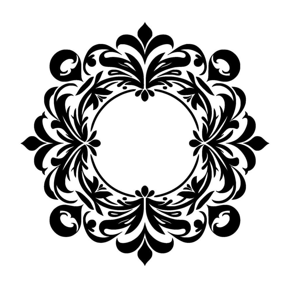 Symmetrical Floral Frame Black and white circular decorative emblem, featuring an ornate, stylized floral pattern surrounding a central blank circle. vector