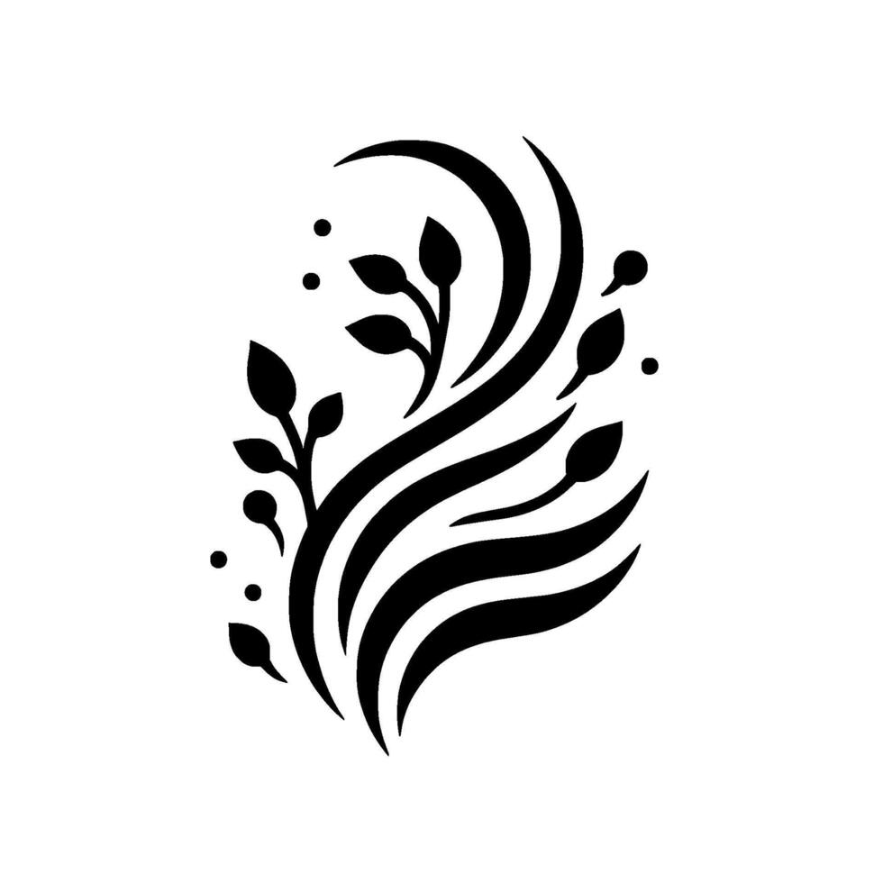 Elegant Black and White Floral Silhouette Flowing Lines and Leafy Sprigs against a Pristine White Backdrop, Minimalist . vector