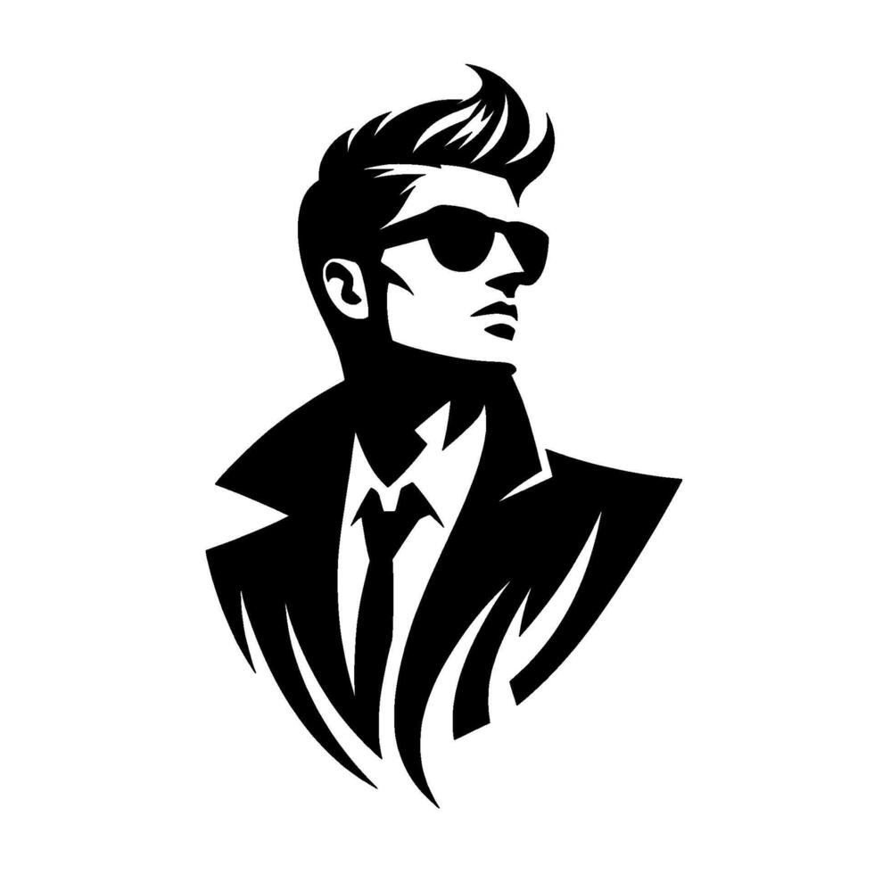 Stylized Monochrome Illustration of a Confident Man in Sunglasses and Suit, Gazing Away, Exuding a Retro, Cool Vibe. vector