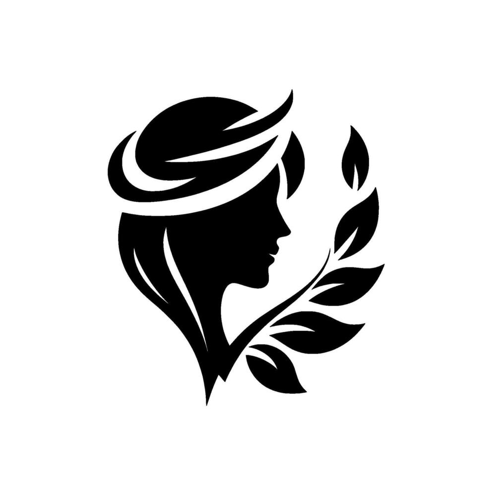 Elegant Silhouette A graceful black and white depiction of a womans profile encircled by a laurel wreath and adorned with a delicate halo, symbolizing beauty, and serenity. vector