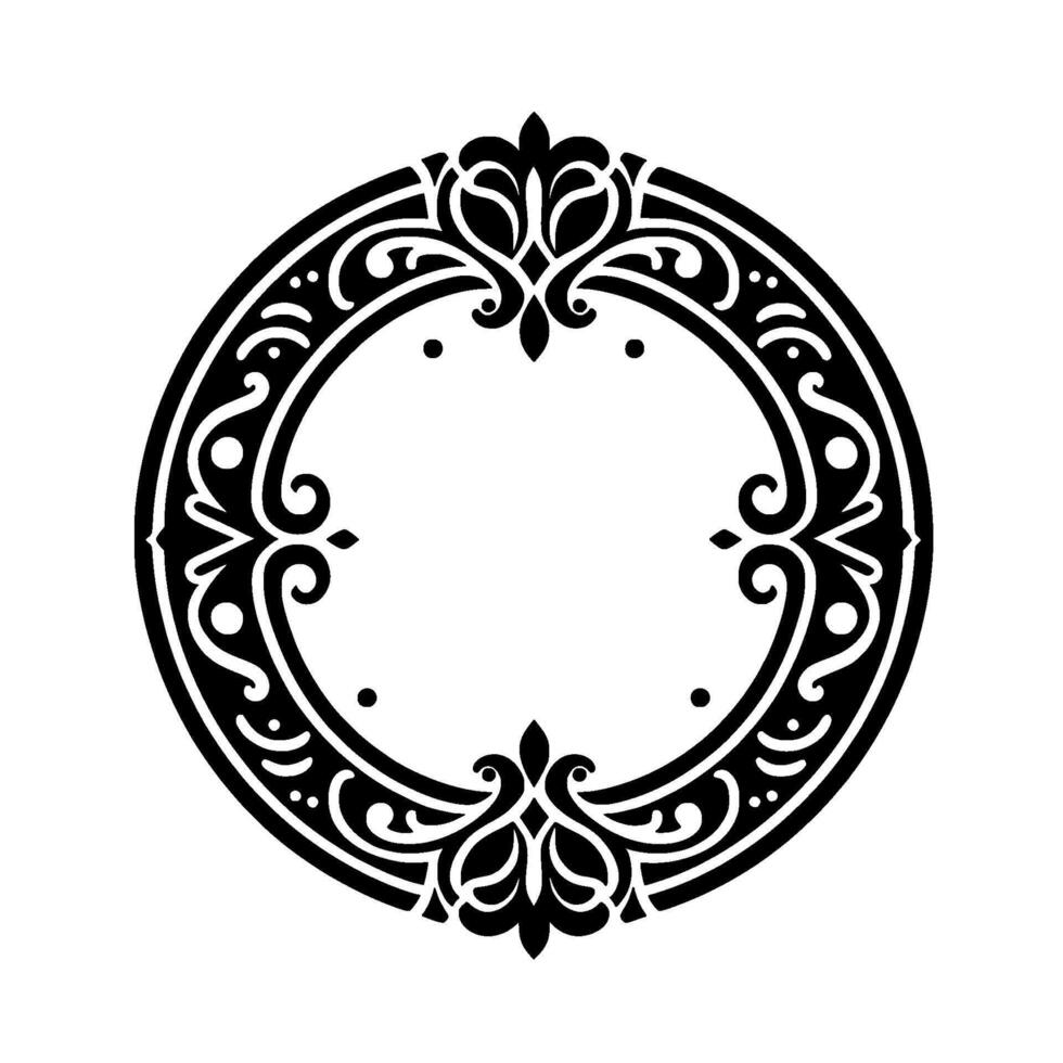 Intricate Black and White Ornamental Circle Floral and Swirls Pattern with Ornate Flourishes on a Clean White Background. vector