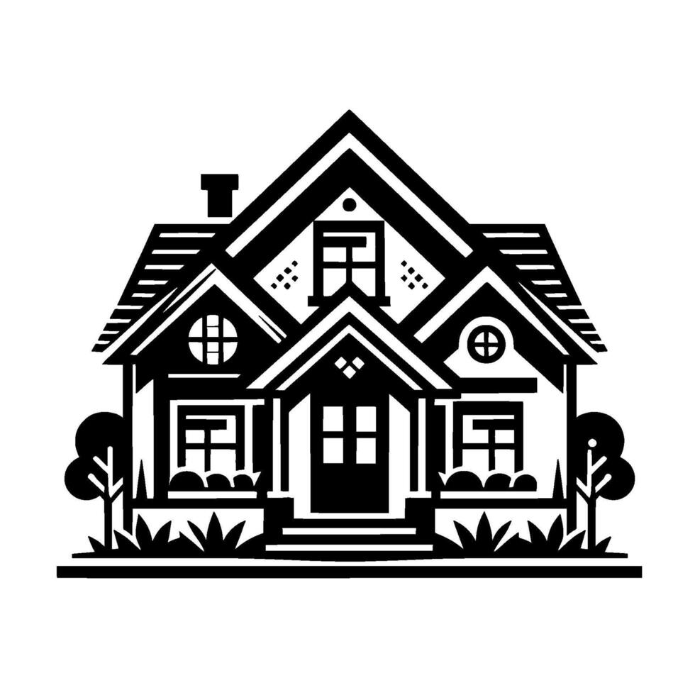 Minimalist Black and White Illustration of a Modern House with Architectural Details, Trees, and Garden Elements. vector