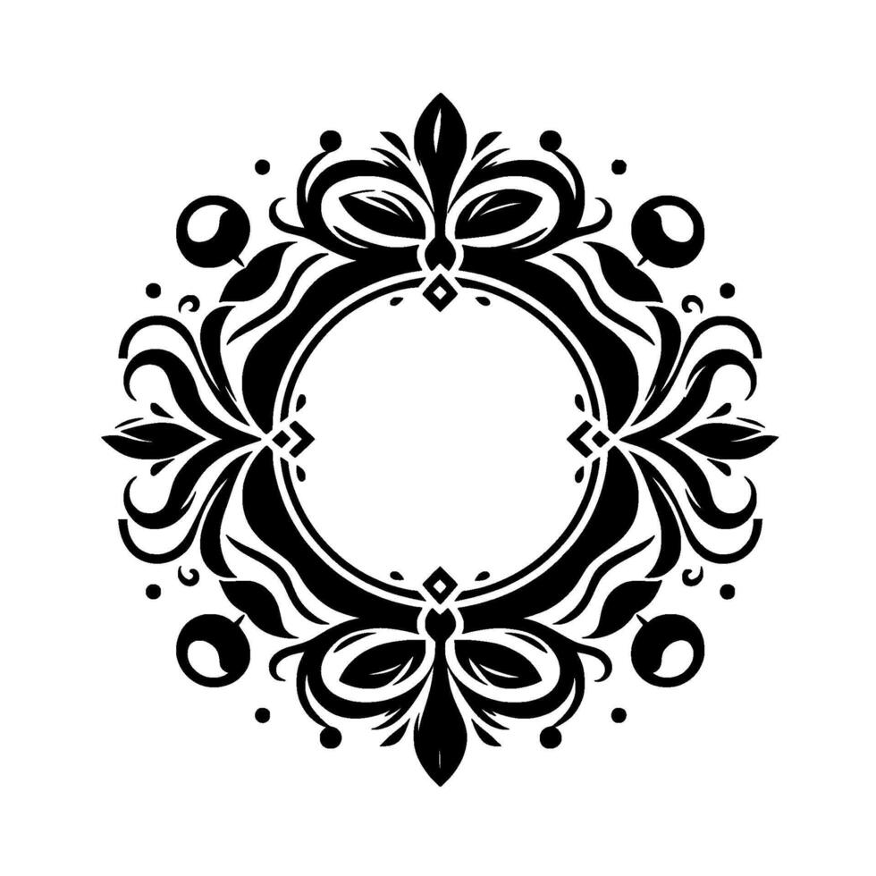 Elegant Black and White Floral Wreath Featuring a Central Circle and Ornate Leaf and Curl Accents, Perfect for Invitations. vector
