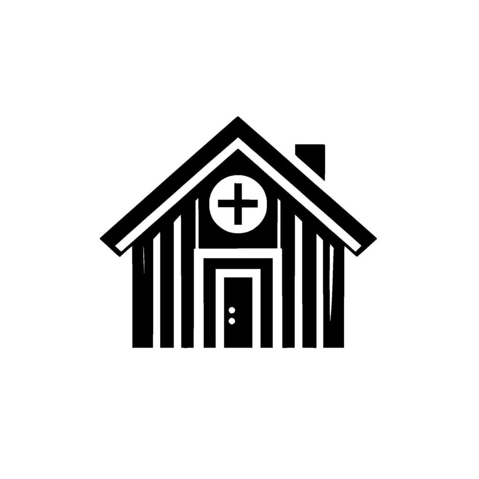 Simple Black and White of a Medical Clinic or Hospital Building with a Prominent White Cross Symbol on the Roof. vector