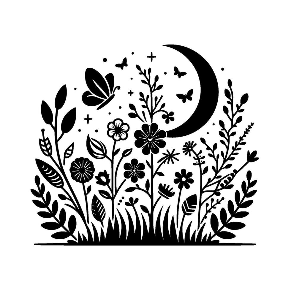 A stylized black and white depiction of a tranquil moonlit garden, featuring wildflowers, butterflies, and a crescent moon. vector