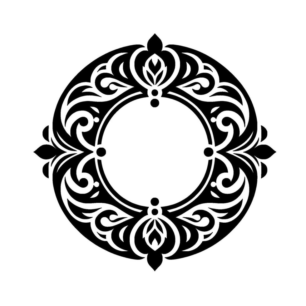 Intricate Black and White Circular Ornamental with Floral and Scrollwork Motifs, Centered Blank Space vector
