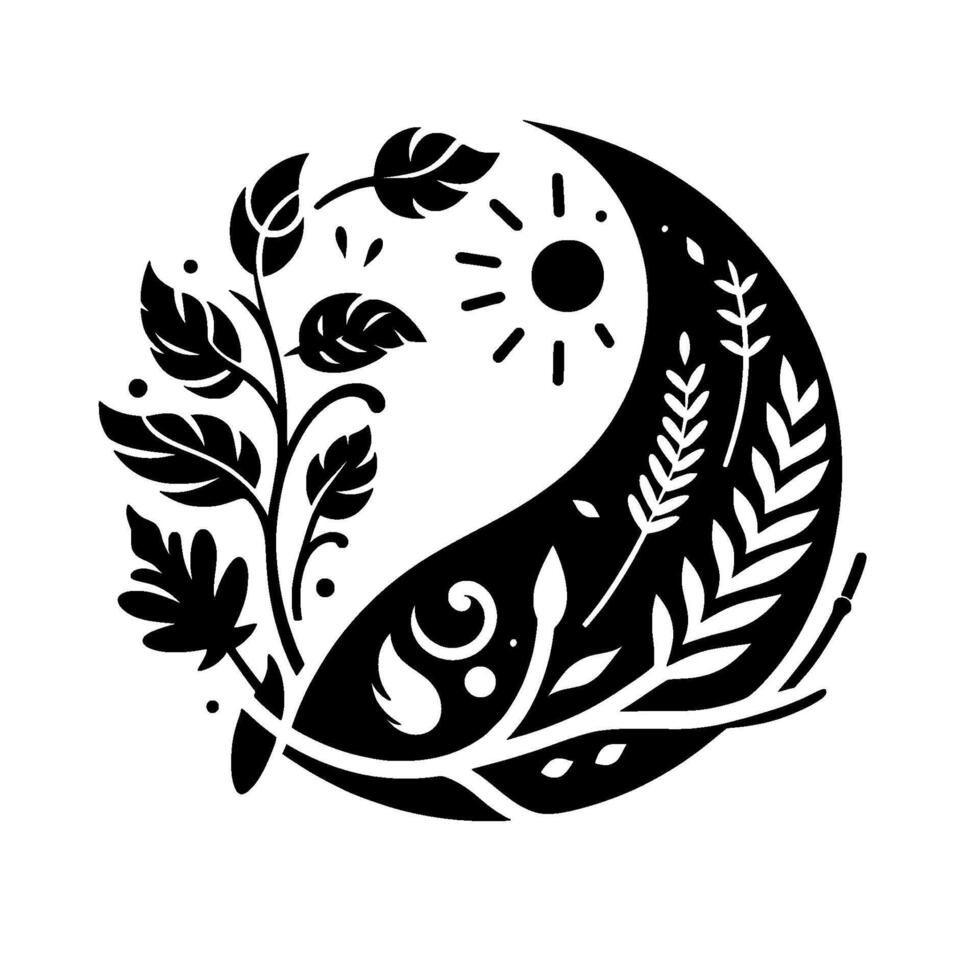 A stylized YinYang symbol incorporating botanical elements, featuring leaves, sun, and plants in a minimalist, blackandwhite , evoking balance and natures harmony. vector