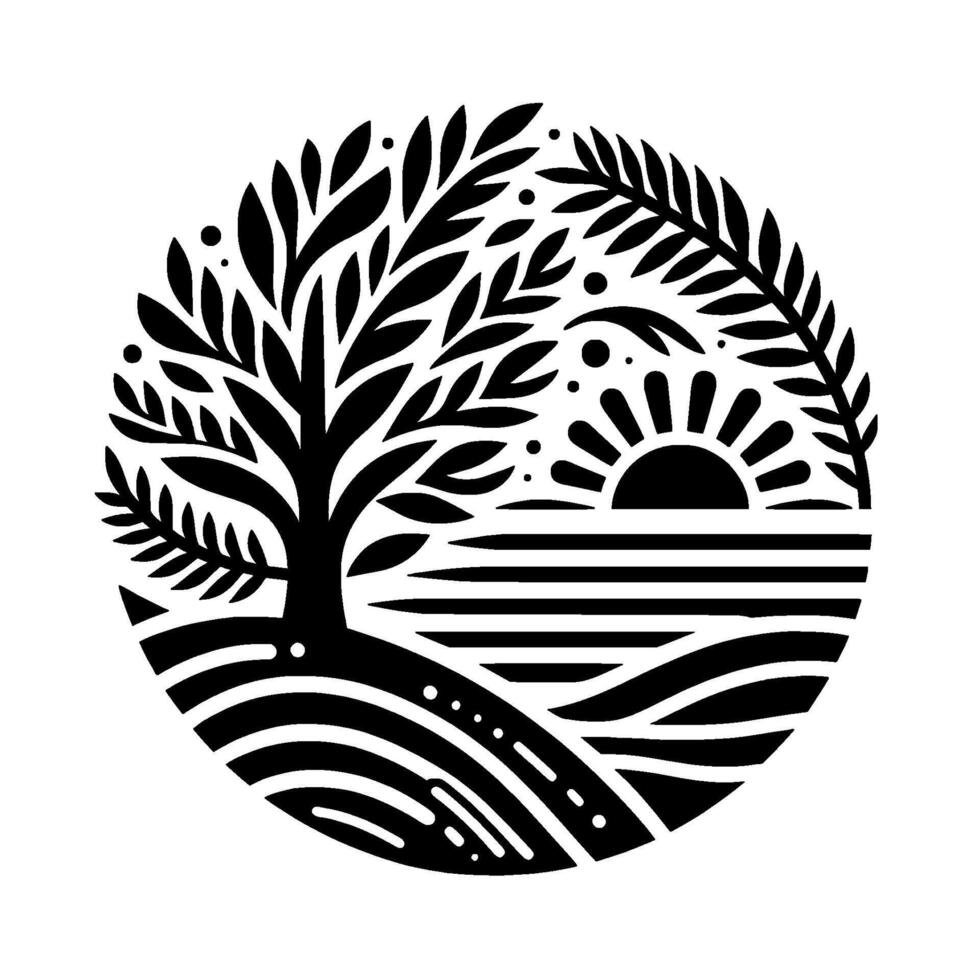 Circular Black and White Illustration Depicting a Stylized Tree, Rising Sun, and Serene Landscape Within a Decorative Frame. vector