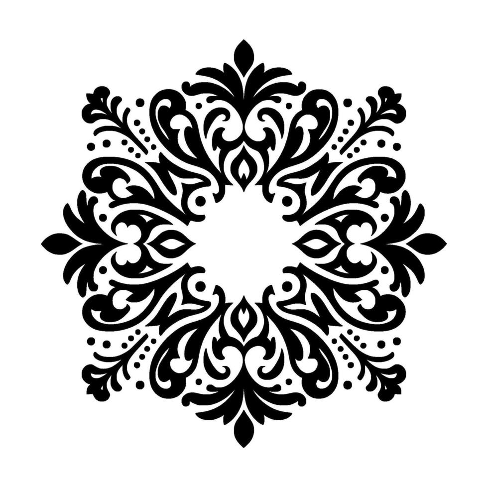 A symmetrical, intricate black floral mandala featuring swirling leaves, detailed curlicues, and dotted accents on a white background. vector