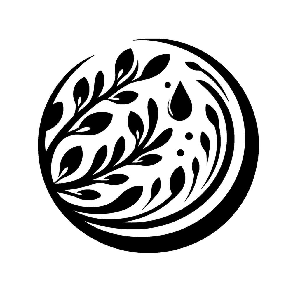 A minimalist, black and white, circular emblem featuring stylized plant sprigs, water droplets, and organic curved lines suggesting growth, nature, and harmony. vector