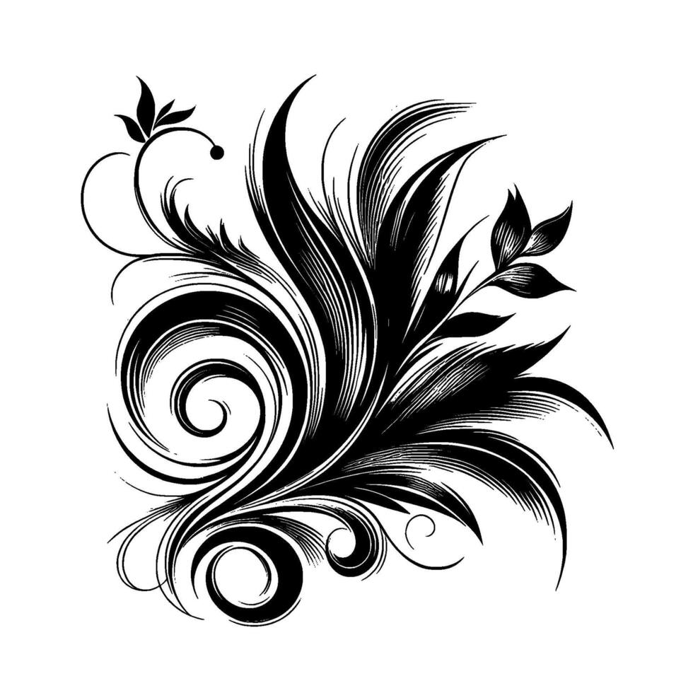 Elegant monochrome floral featuring swirling tendrils, feathery textures, and stylized leaves against a clean white backdrop. vector