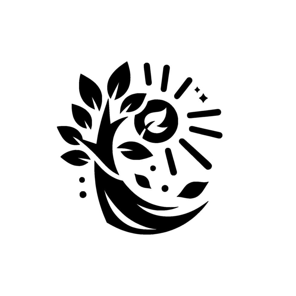 Stylized Black and White Featuring a Tree, Sun, and Leaves, Representing Growth and Natures Embrace. vector