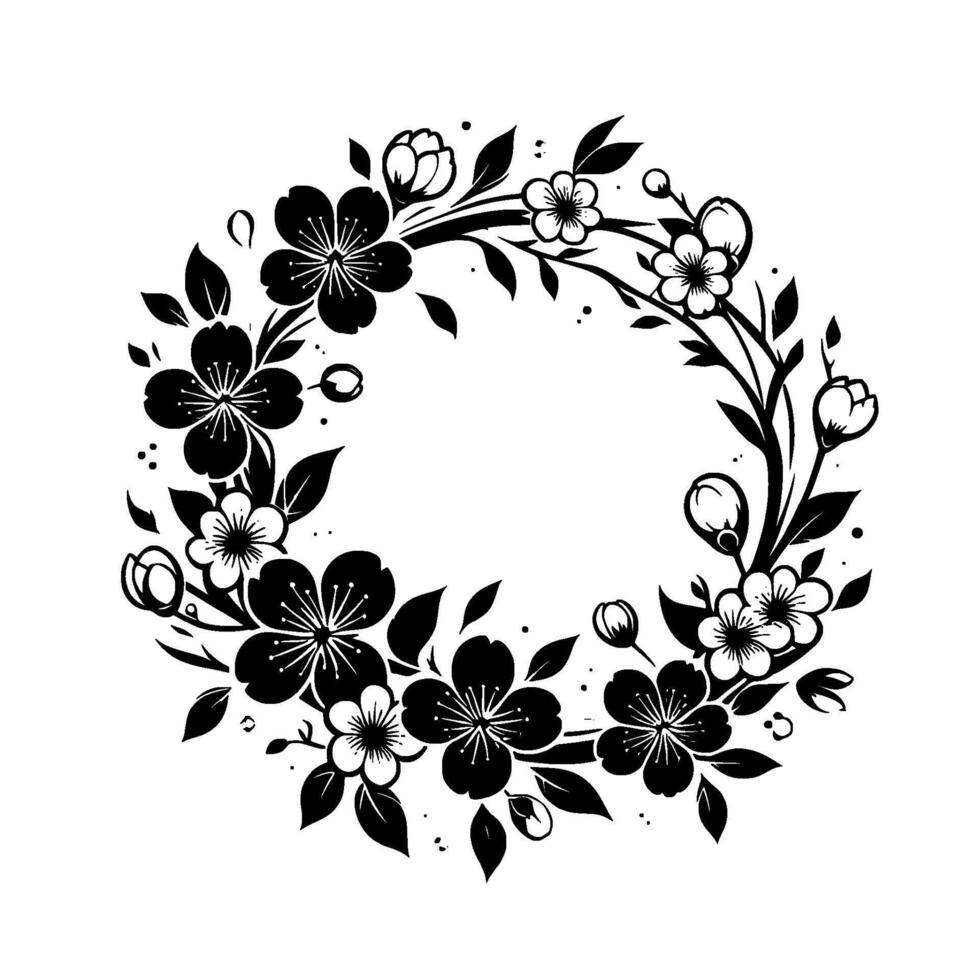 Elegant Black and White Cherry Blossom Wreath , Showcasing Delicate Floral Details and Symmetry on a Clean White Background. vector