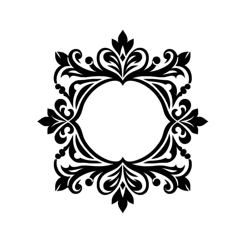 Ornate Black Flourish Frame with Circular Interior, Isolated on White, Featuring Symmetrical Floral and Scroll Elements vector