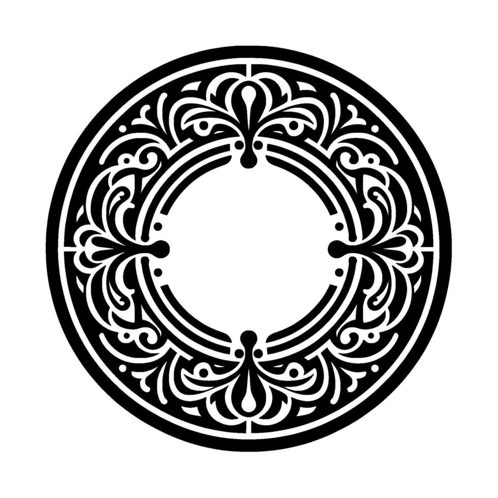 An intricate symmetrical circular in bold black lines against a white background, showcasing detailed floral and swirling decorative elements. vector