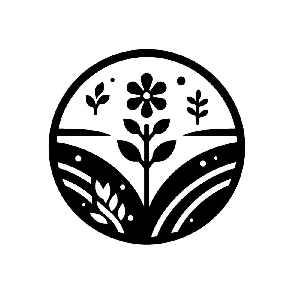 Simplified Black and White Floral Emblem A Stylized Flower and Foliage Within a Circular Frame, Evoking Natures Beauty and Harmony. vector